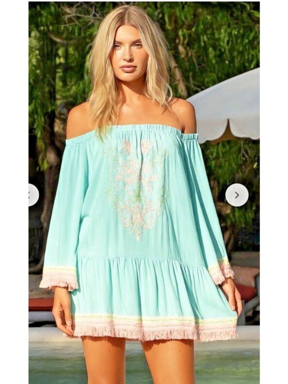 Miss June Paris Azra Short Dress Off Shoulder Boho Fringe Peasant One Size Sequi